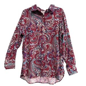 Mainstreet Blues Shirt Womens Large Red Paisley Button Front Stretch Long Sleeve